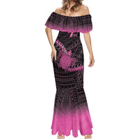 Breast Cancer Awareness Personalised Mermaid Dress Pink Ribbon Turtle Polynesian Pattern Black