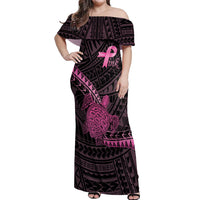 Breast Cancer Awareness Personalised Off Shoulder Maxi Dress Pink Ribbon Turtle Polynesian Pattern Black
