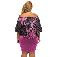 Breast Cancer Awareness Personalised Off Shoulder Short Dress Pink Ribbon Turtle Polynesian Pattern Black LT22 - Polynesian Pride