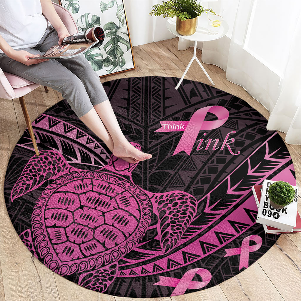 Breast Cancer Awareness Round Carpet Pink Ribbon Turtle Polynesian Pattern Black