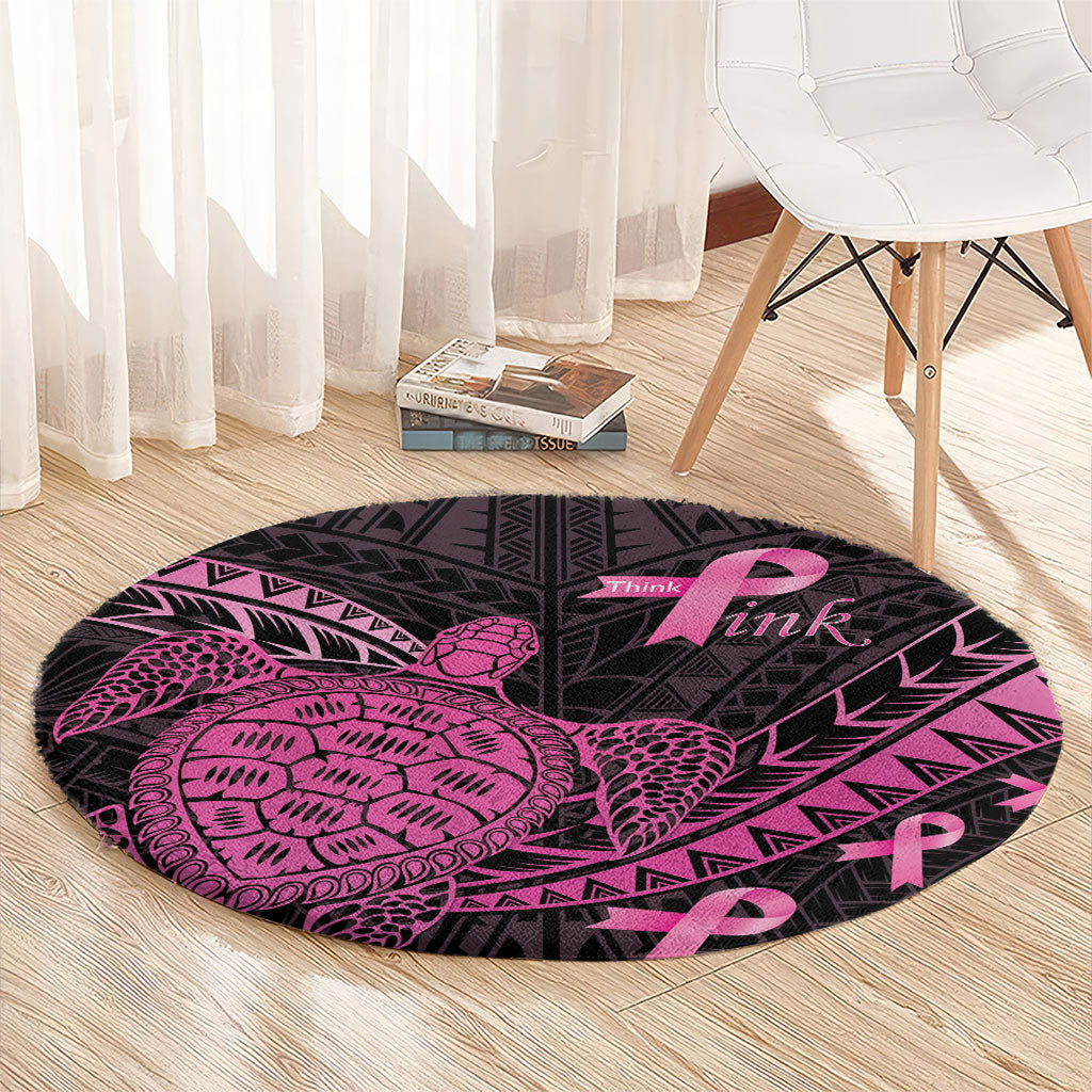 Breast Cancer Awareness Round Carpet Pink Ribbon Turtle Polynesian Pattern Black