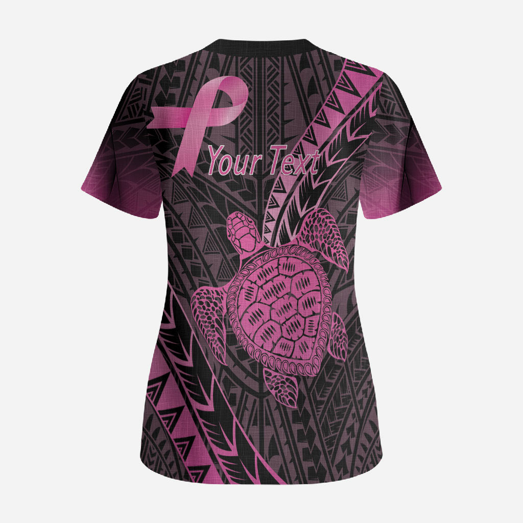 Breast Cancer Awareness Personalised Scrub Top Pink Ribbon Turtle Polynesian Pattern Black