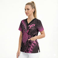 Breast Cancer Awareness Personalised Scrub Top Pink Ribbon Turtle Polynesian Pattern Black