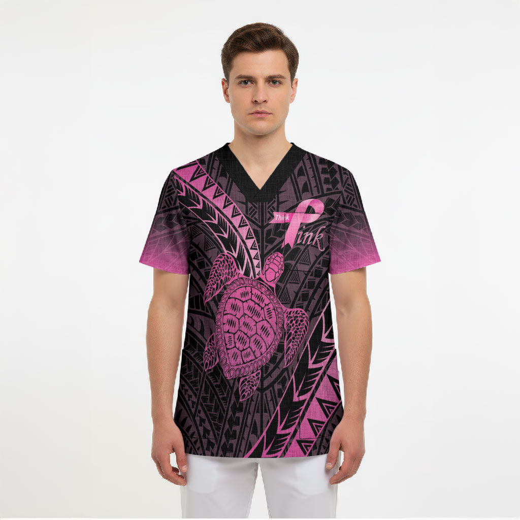 Breast Cancer Awareness Personalised Scrub Top Pink Ribbon Turtle Polynesian Pattern Black
