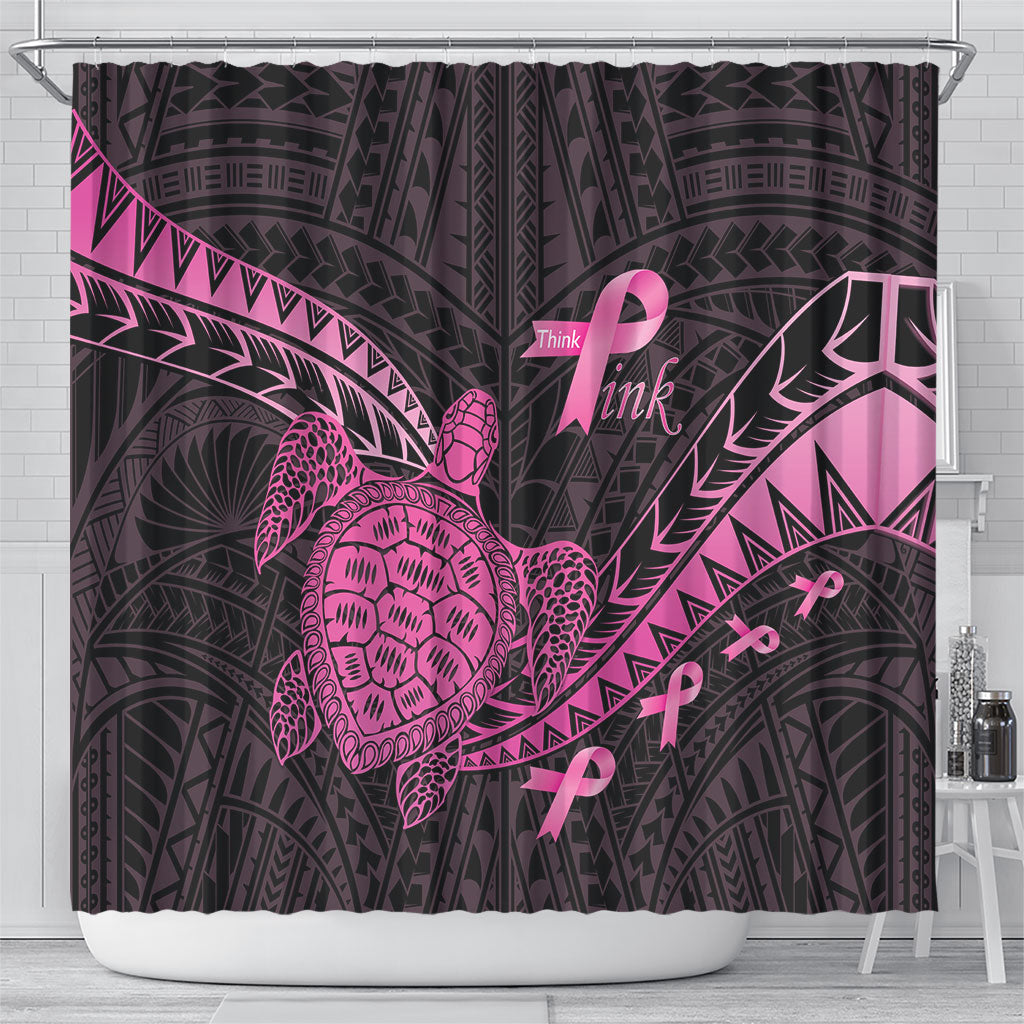 Breast Cancer Awareness Shower Curtain Pink Ribbon Turtle Polynesian Pattern Black