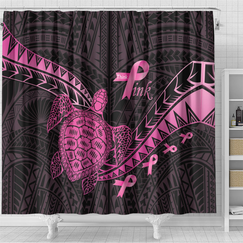 Breast Cancer Awareness Shower Curtain Pink Ribbon Turtle Polynesian Pattern Black