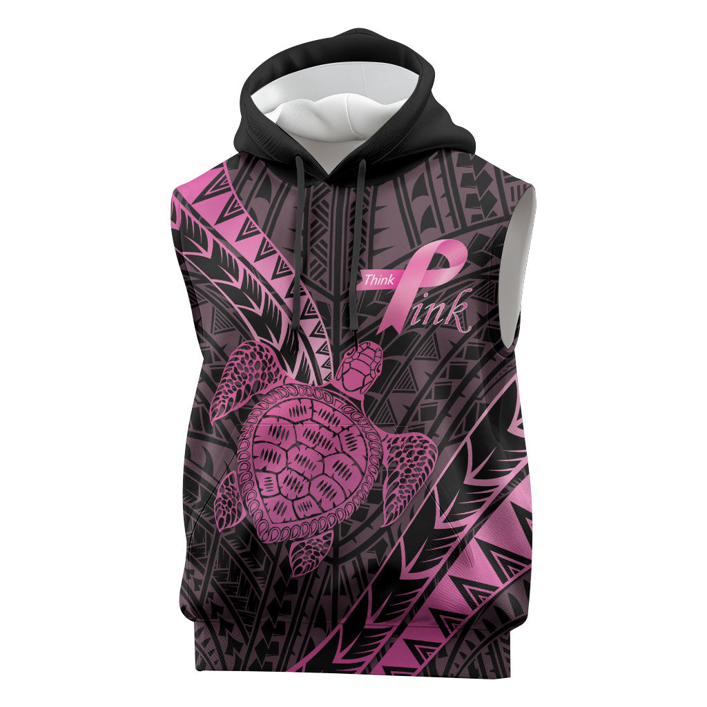 Breast Cancer Awareness Personalised Sleeveless Hoodie Pink Ribbon Turtle Polynesian Pattern Black