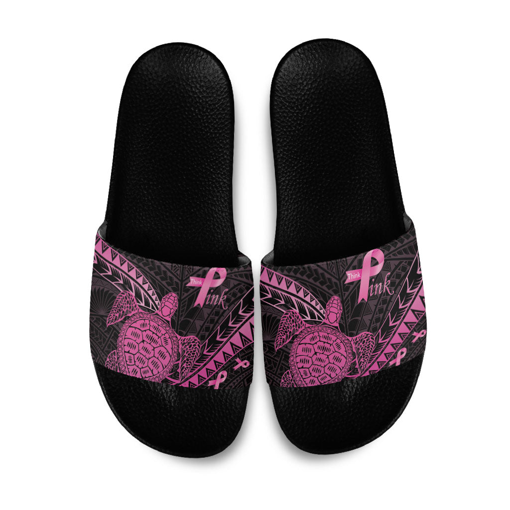 Breast Cancer Awareness Slide Sandals Pink Ribbon Turtle Polynesian Pattern Black