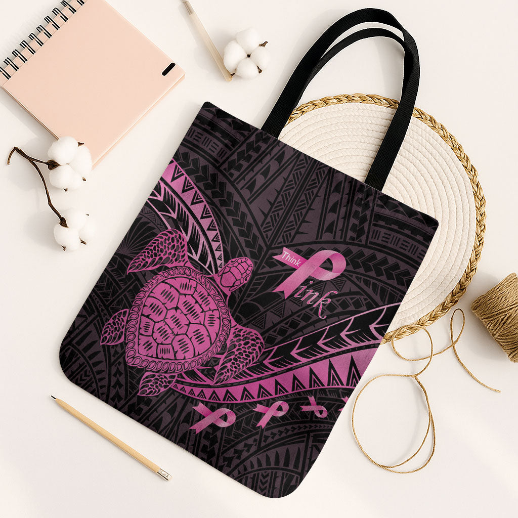 Breast Cancer Awareness Tote Bag Pink Ribbon Turtle Polynesian Pattern Black