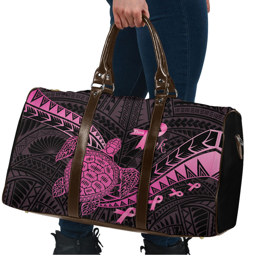Breast Cancer Awareness Travel Bag Pink Ribbon Turtle Polynesian Pattern Black