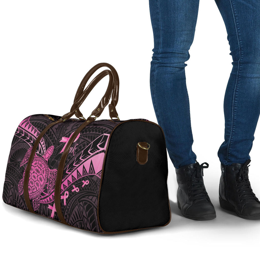 Breast Cancer Awareness Travel Bag Pink Ribbon Turtle Polynesian Pattern Black