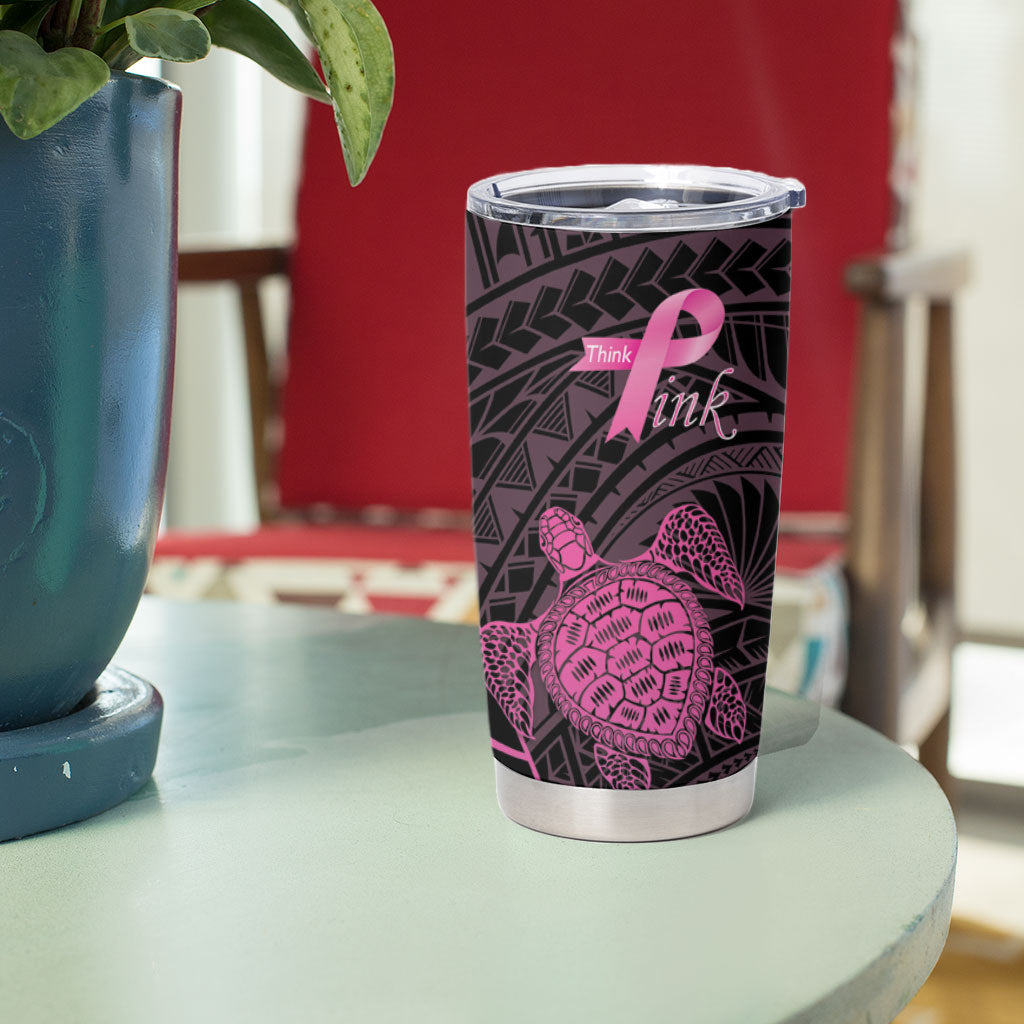 Breast Cancer Awareness Personalised Tumbler Cup Pink Ribbon Turtle Polynesian Pattern Black
