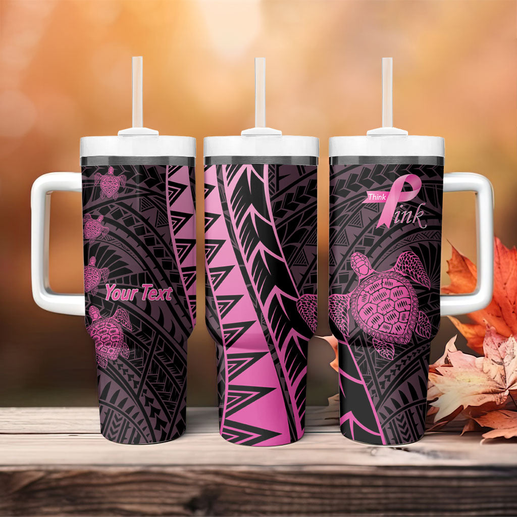 Breast Cancer Awareness Personalised Tumbler With Handle Pink Ribbon Turtle Polynesian Pattern Black