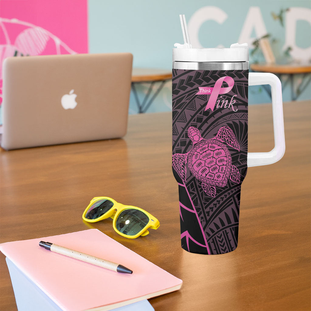 Breast Cancer Awareness Personalised Tumbler With Handle Pink Ribbon Turtle Polynesian Pattern Black