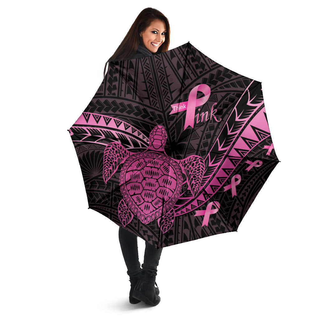Breast Cancer Awareness Umbrella Pink Ribbon Turtle Polynesian Pattern Black
