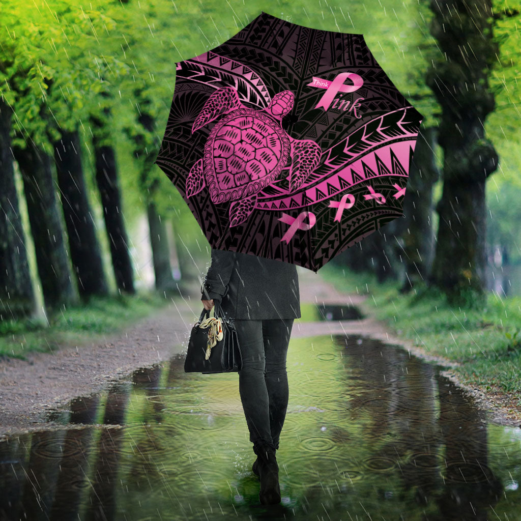 Breast Cancer Awareness Umbrella Pink Ribbon Turtle Polynesian Pattern Black