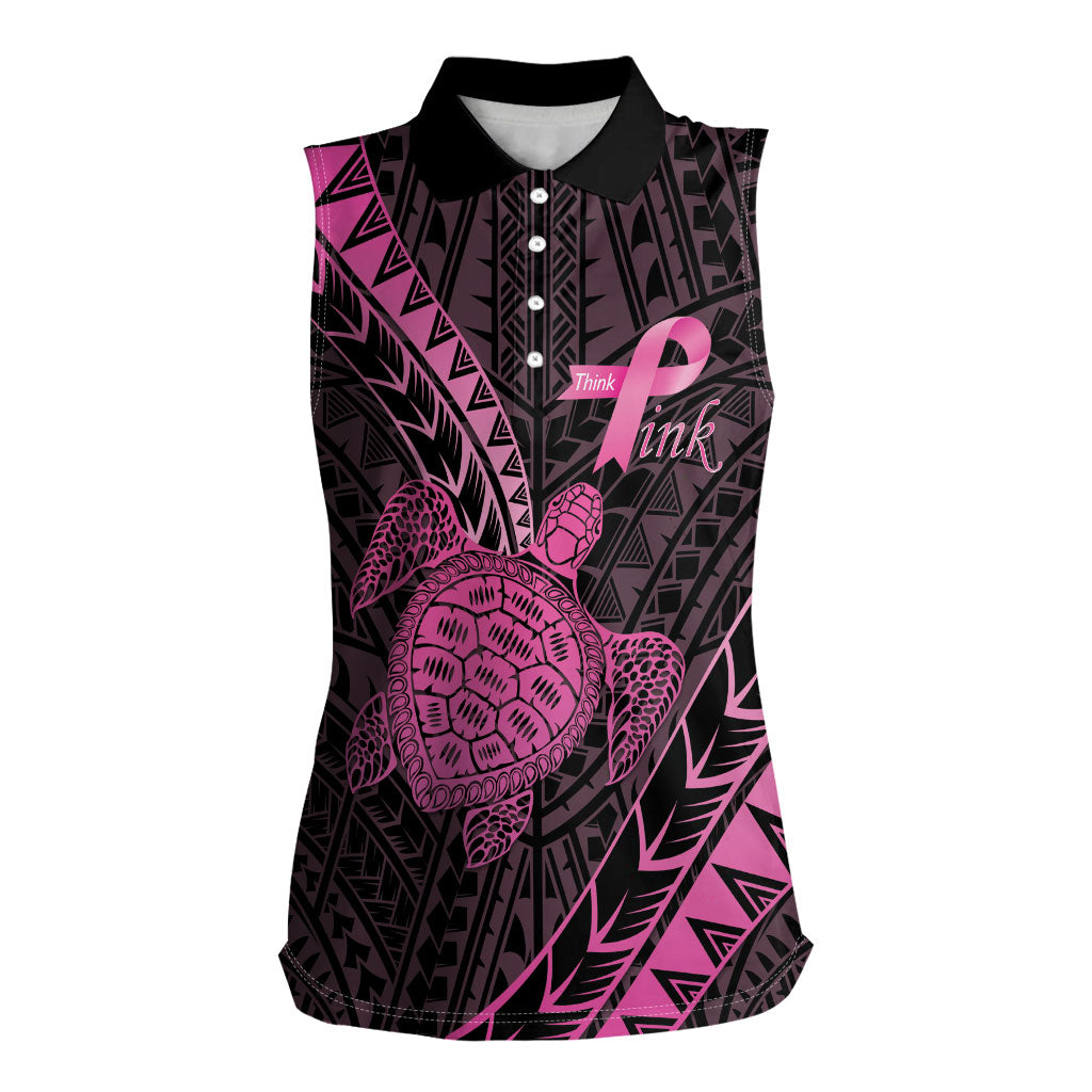 Breast Cancer Awareness Personalised Women Sleeveless Polo Shirt Pink Ribbon Turtle Polynesian Pattern Black LT22 Female Pink - Polynesian Pride