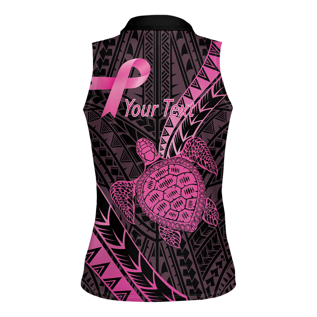 Breast Cancer Awareness Personalised Women Sleeveless Polo Shirt Pink Ribbon Turtle Polynesian Pattern Black LT22 - Polynesian Pride