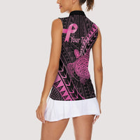 Breast Cancer Awareness Personalised Women Sleeveless Polo Shirt Pink Ribbon Turtle Polynesian Pattern Black LT22 - Polynesian Pride