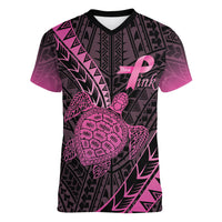 Breast Cancer Awareness Personalised Women V-Neck T-Shirt Pink Ribbon Turtle Polynesian Pattern Black LT22 Female Pink - Polynesian Pride
