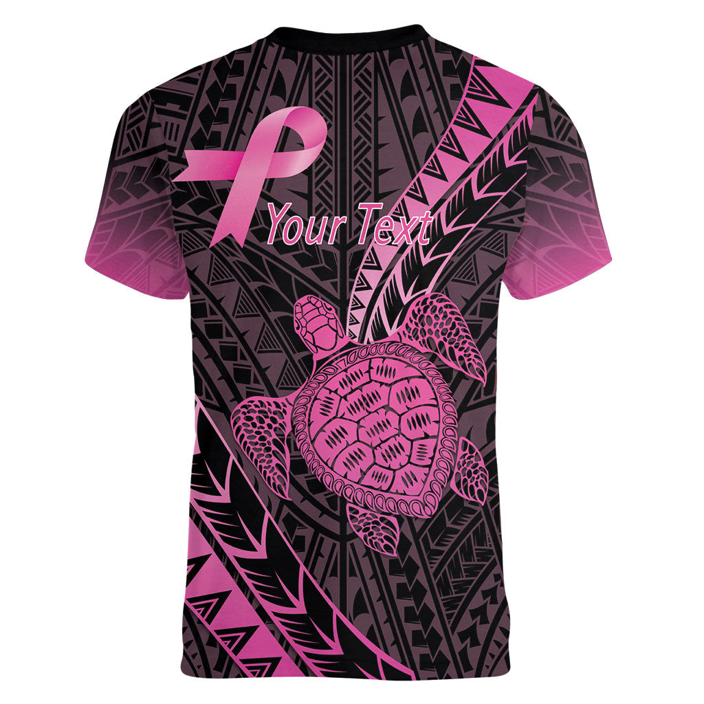 Breast Cancer Awareness Personalised Women V-Neck T-Shirt Pink Ribbon Turtle Polynesian Pattern Black LT22 - Polynesian Pride