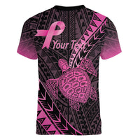 Breast Cancer Awareness Personalised Women V-Neck T-Shirt Pink Ribbon Turtle Polynesian Pattern Black LT22 - Polynesian Pride