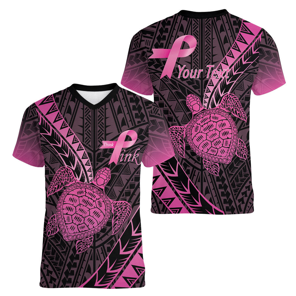 Breast Cancer Awareness Personalised Women V-Neck T-Shirt Pink Ribbon Turtle Polynesian Pattern Black LT22 - Polynesian Pride