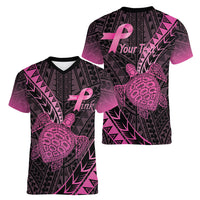 Breast Cancer Awareness Personalised Women V-Neck T-Shirt Pink Ribbon Turtle Polynesian Pattern Black LT22 - Polynesian Pride