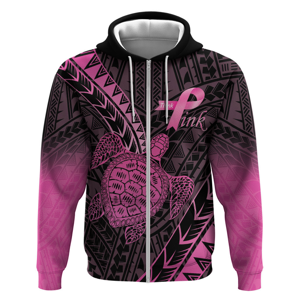 Breast Cancer Awareness Personalised Zip Hoodie Pink Ribbon Turtle Polynesian Pattern Black