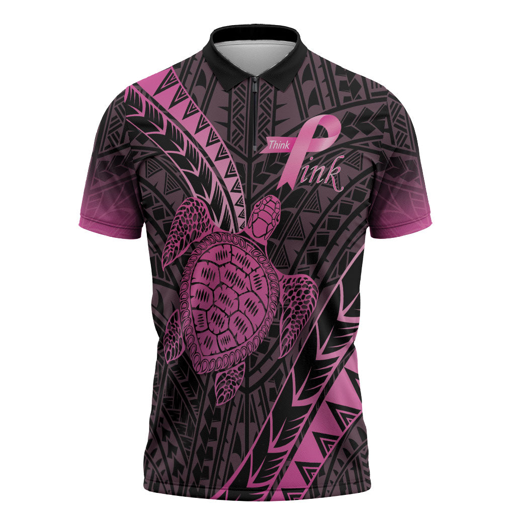 Breast Cancer Awareness Personalised Zipper Polo Shirt Pink Ribbon Turtle Polynesian Pattern Black