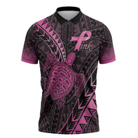Breast Cancer Awareness Personalised Zipper Polo Shirt Pink Ribbon Turtle Polynesian Pattern Black