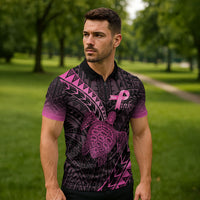 Breast Cancer Awareness Personalised Zipper Polo Shirt Pink Ribbon Turtle Polynesian Pattern Black