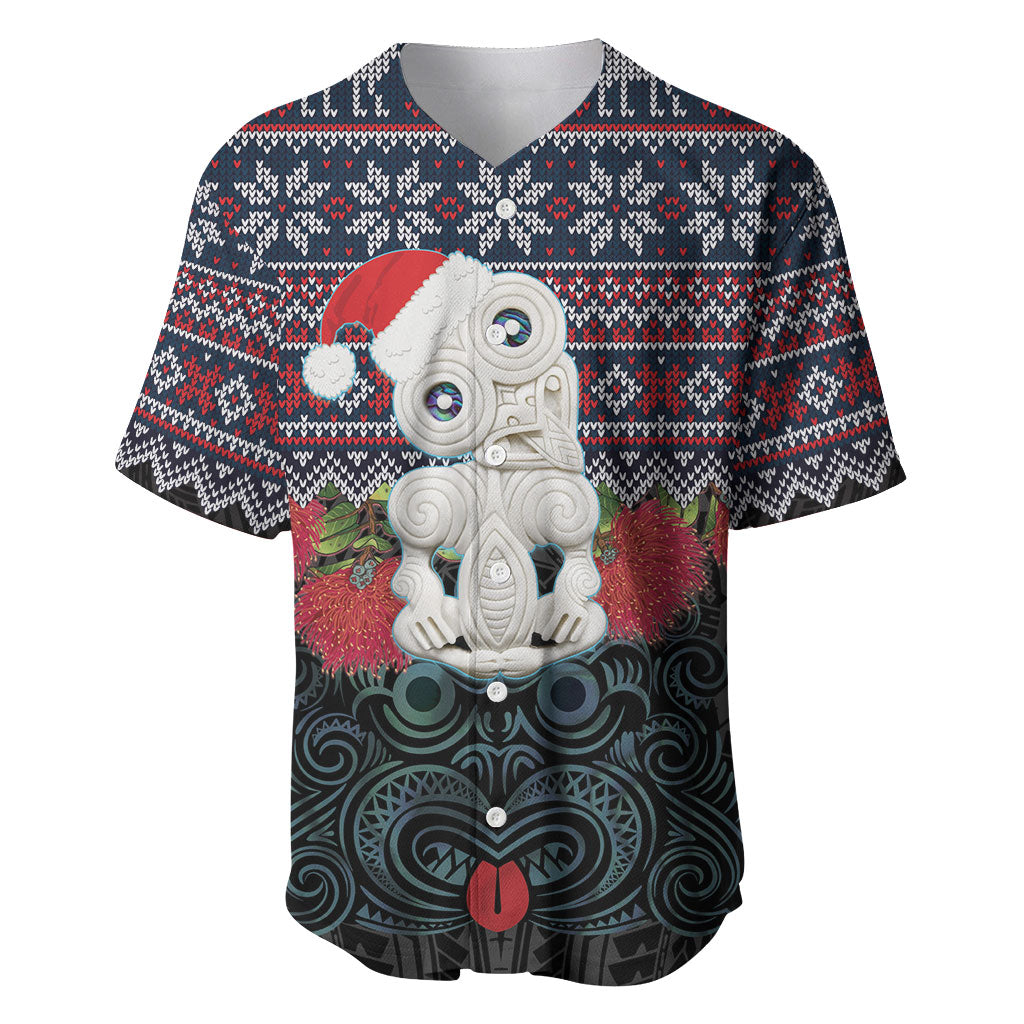 New Zealand Hei Tiki Christmas In July Baseball Jersey Pohutukawa Santa Xmas Polynesian Pattern LT22 Black - Polynesian Pride