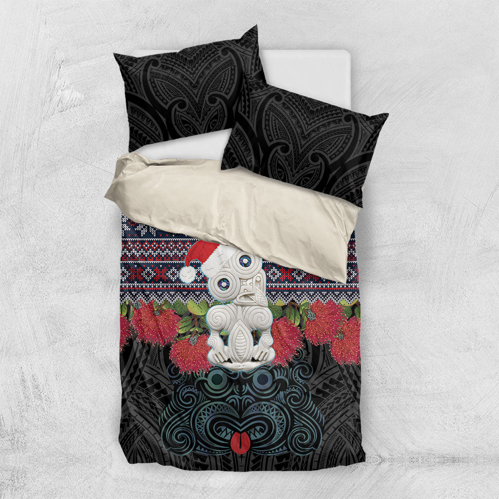 New Zealand Hei Tiki Christmas In July Bedding Set Pohutukawa Santa Xmas Polynesian Pattern LT22 US Twin 172cm x 218cm Black - Polynesian Pride