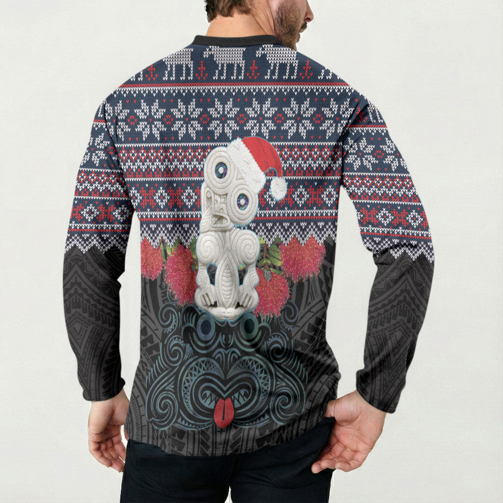 New Zealand Hei Tiki Christmas In July Button Sweatshirt Pohutukawa Santa Xmas Polynesian Pattern LT22 - Polynesian Pride