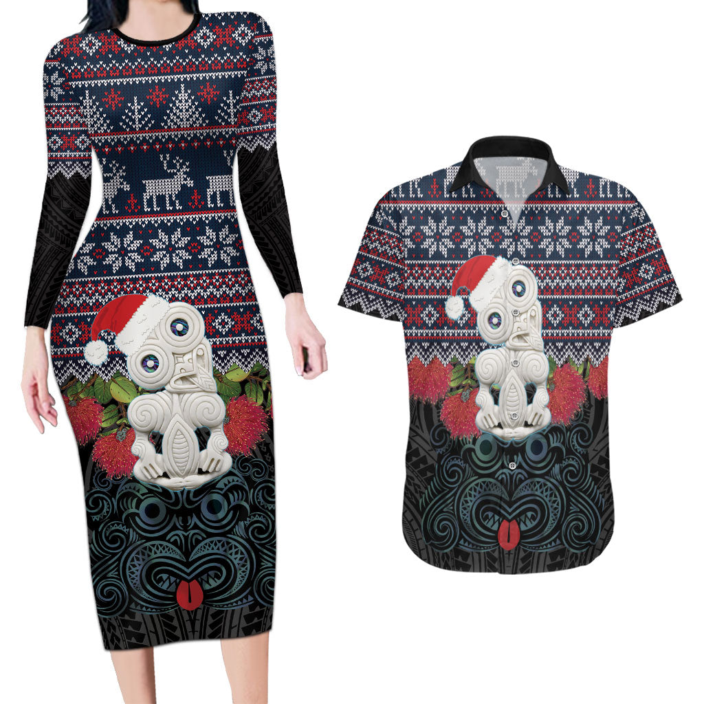 New Zealand Hei Tiki Christmas In July Couples Matching Long Sleeve Bodycon Dress and Hawaiian Shirt Pohutukawa Santa Xmas Polynesian Pattern LT22 Black - Polynesian Pride