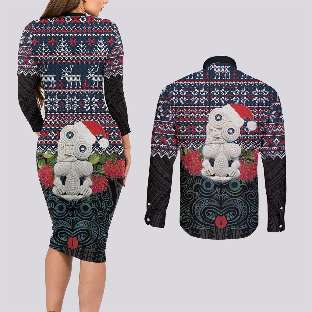 New Zealand Hei Tiki Christmas In July Couples Matching Long Sleeve Bodycon Dress and Long Sleeve Button Shirt Pohutukawa Santa Xmas Polynesian Pattern LT22 - Polynesian Pride