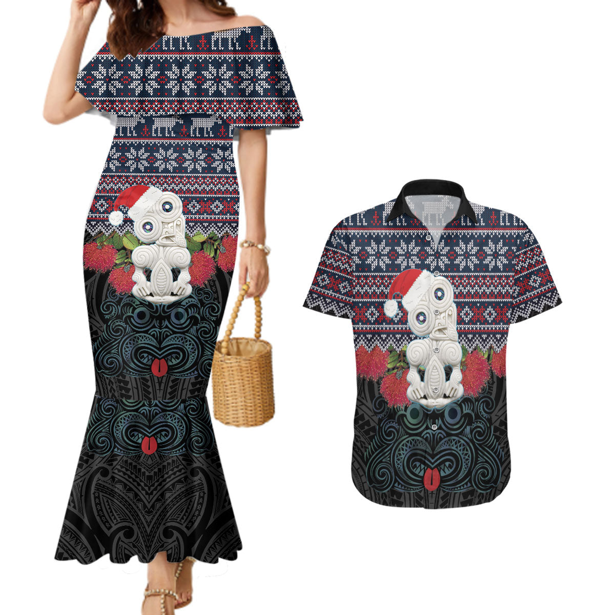 New Zealand Hei Tiki Christmas In July Couples Matching Mermaid Dress and Hawaiian Shirt Pohutukawa Santa Xmas Polynesian Pattern LT22 Black - Polynesian Pride