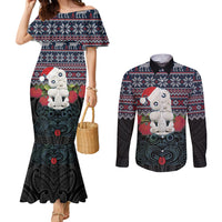 New Zealand Hei Tiki Christmas In July Couples Matching Mermaid Dress and Long Sleeve Button Shirt Pohutukawa Santa Xmas Polynesian Pattern LT22 Black - Polynesian Pride