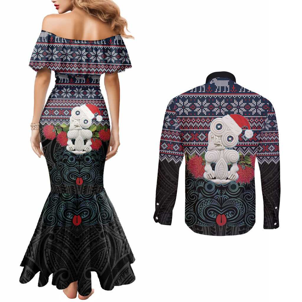 New Zealand Hei Tiki Christmas In July Couples Matching Mermaid Dress and Long Sleeve Button Shirt Pohutukawa Santa Xmas Polynesian Pattern LT22 - Polynesian Pride