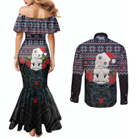 New Zealand Hei Tiki Christmas In July Couples Matching Mermaid Dress and Long Sleeve Button Shirt Pohutukawa Santa Xmas Polynesian Pattern LT22 - Polynesian Pride