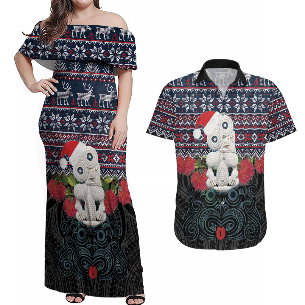 New Zealand Hei Tiki Christmas In July Couples Matching Off Shoulder Maxi Dress and Hawaiian Shirt Pohutukawa Santa Xmas Polynesian Pattern LT22 Black - Polynesian Pride