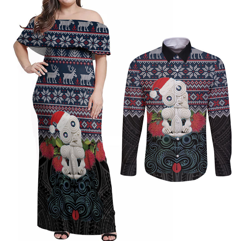 New Zealand Hei Tiki Christmas In July Couples Matching Off Shoulder Maxi Dress and Long Sleeve Button Shirt Pohutukawa Santa Xmas Polynesian Pattern LT22 Black - Polynesian Pride