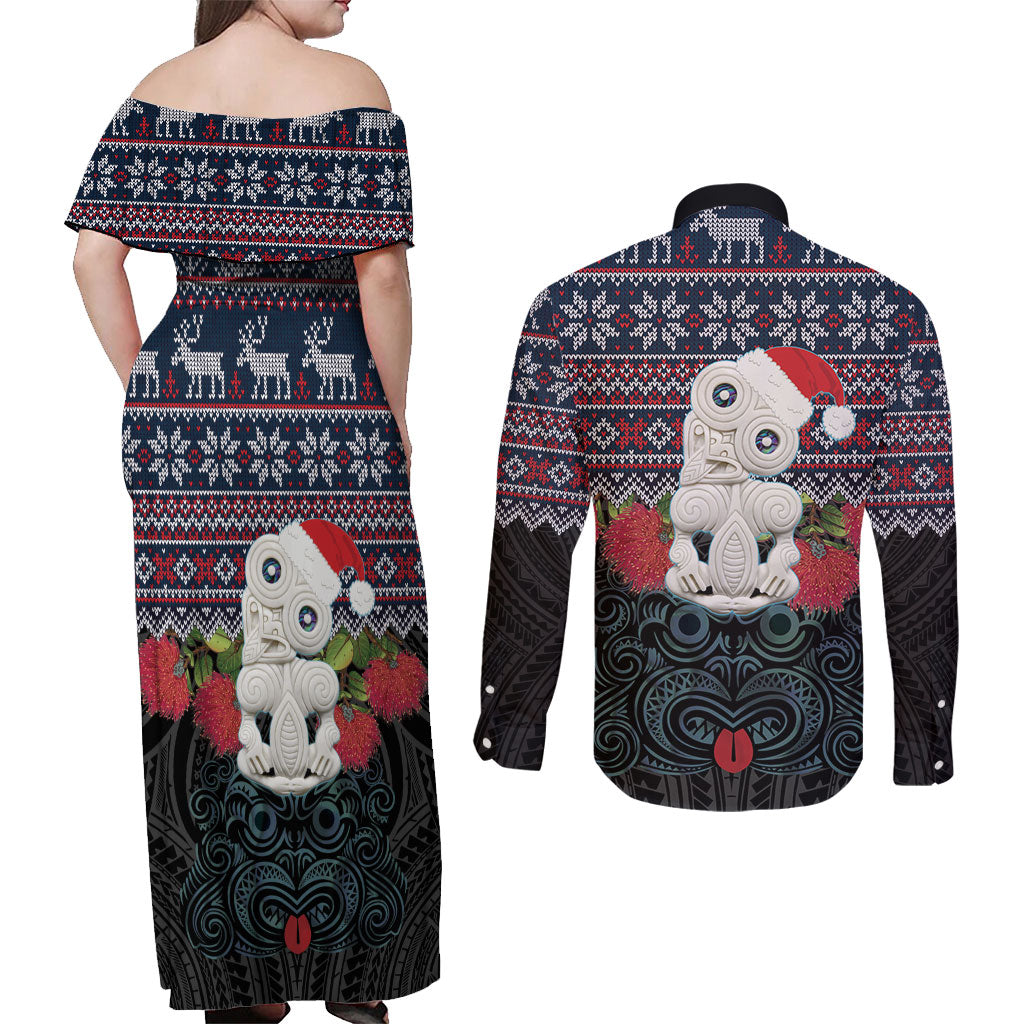 New Zealand Hei Tiki Christmas In July Couples Matching Off Shoulder Maxi Dress and Long Sleeve Button Shirt Pohutukawa Santa Xmas Polynesian Pattern LT22 - Polynesian Pride