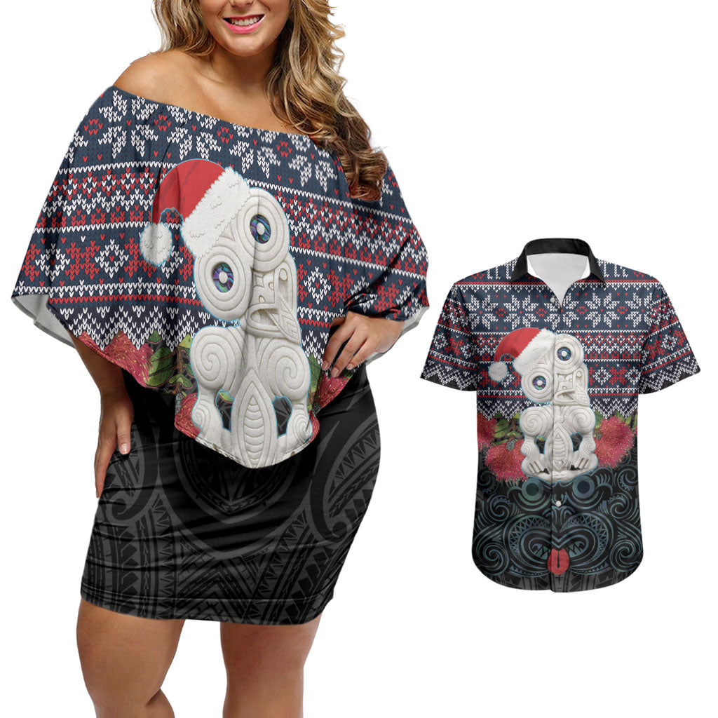New Zealand Hei Tiki Christmas In July Couples Matching Off Shoulder Short Dress and Hawaiian Shirt Pohutukawa Santa Xmas Polynesian Pattern LT22 Black - Polynesian Pride