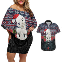 New Zealand Hei Tiki Christmas In July Couples Matching Off Shoulder Short Dress and Hawaiian Shirt Pohutukawa Santa Xmas Polynesian Pattern LT22 Black - Polynesian Pride