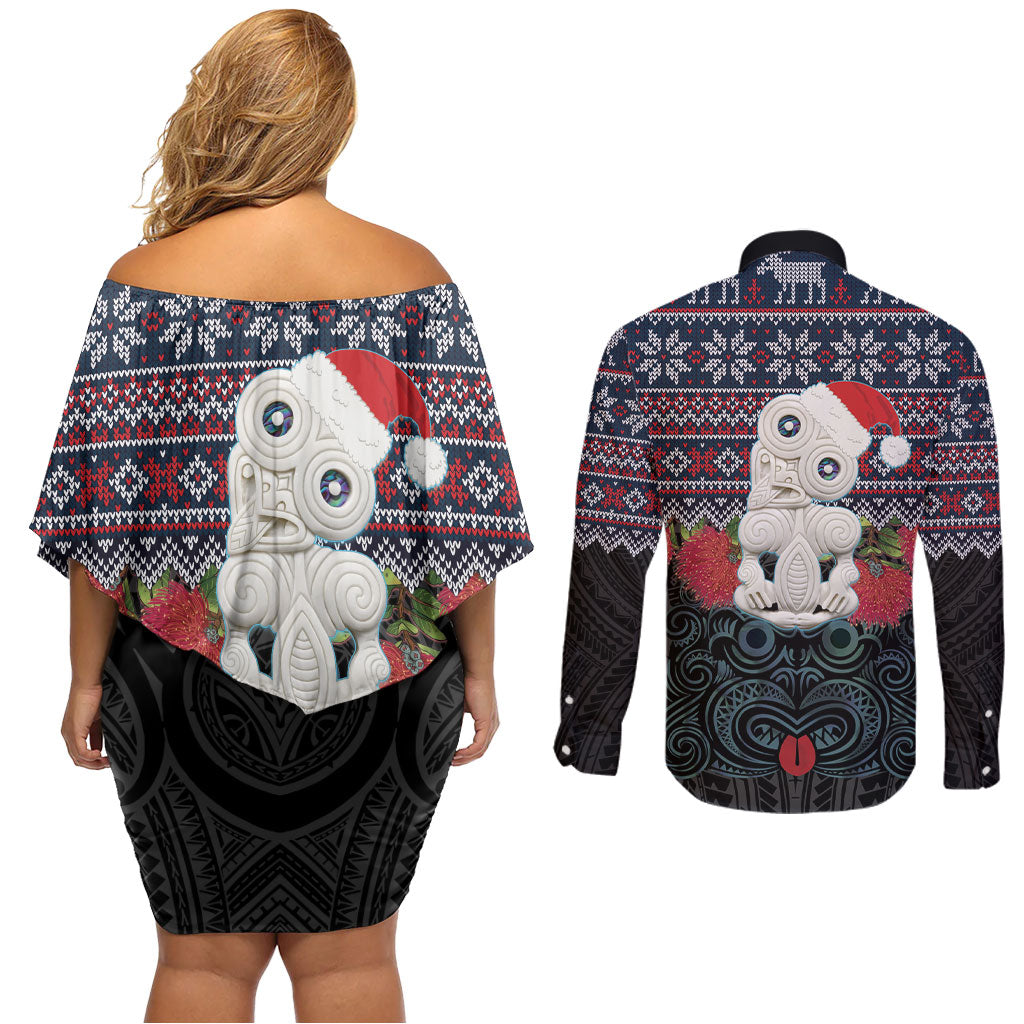 New Zealand Hei Tiki Christmas In July Couples Matching Off Shoulder Short Dress and Long Sleeve Button Shirt Pohutukawa Santa Xmas Polynesian Pattern LT22 - Polynesian Pride