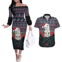 New Zealand Hei Tiki Christmas In July Couples Matching Off The Shoulder Long Sleeve Dress and Hawaiian Shirt Pohutukawa Santa Xmas Polynesian Pattern LT22 Black - Polynesian Pride