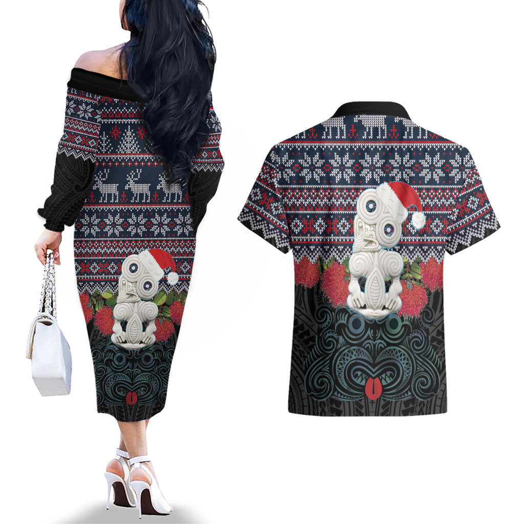 New Zealand Hei Tiki Christmas In July Couples Matching Off The Shoulder Long Sleeve Dress and Hawaiian Shirt Pohutukawa Santa Xmas Polynesian Pattern LT22 - Polynesian Pride