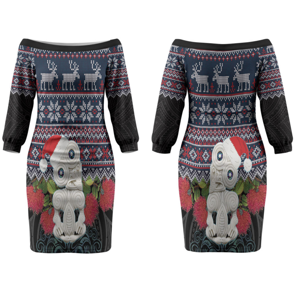 New Zealand Hei Tiki Christmas In July Couples Matching Off The Shoulder Long Sleeve Dress and Hawaiian Shirt Pohutukawa Santa Xmas Polynesian Pattern LT22 - Polynesian Pride